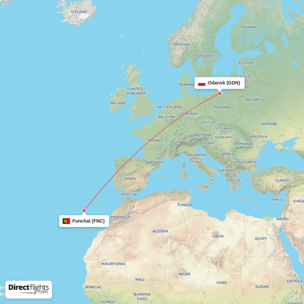 Gdansk - Funchal direct flight map