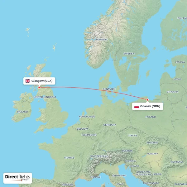 Gdansk - Glasgow direct flight map