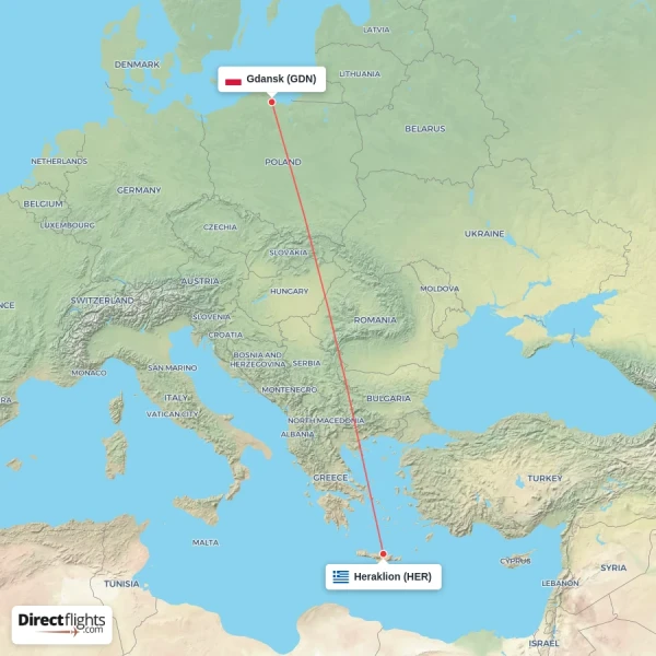 Gdansk - Heraklion direct flight map