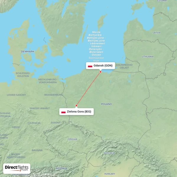 Gdansk - Zielona Gora direct flight map