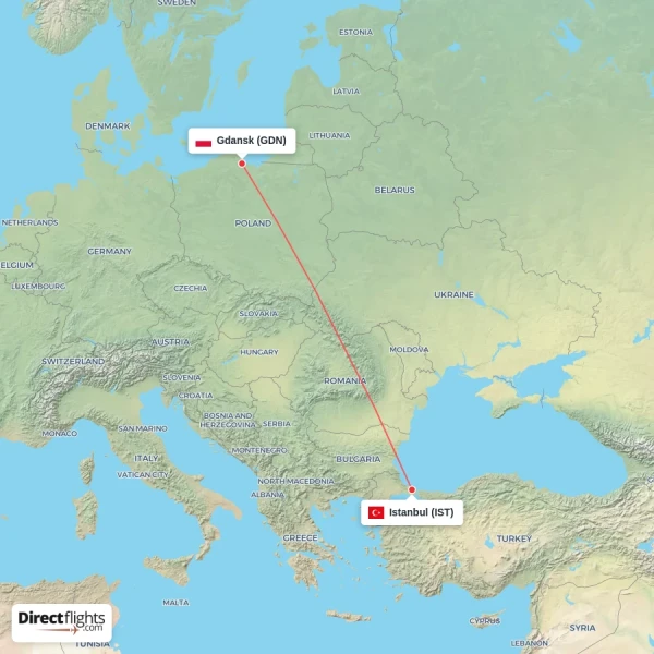 Gdansk - Istanbul direct flight map