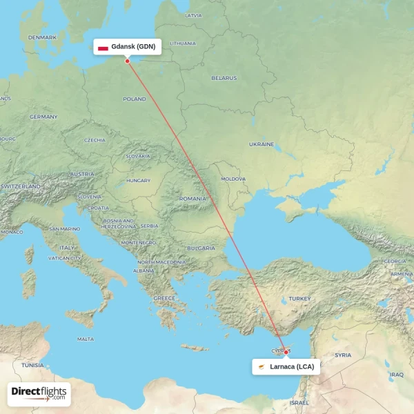 Gdansk - Larnaca direct flight map