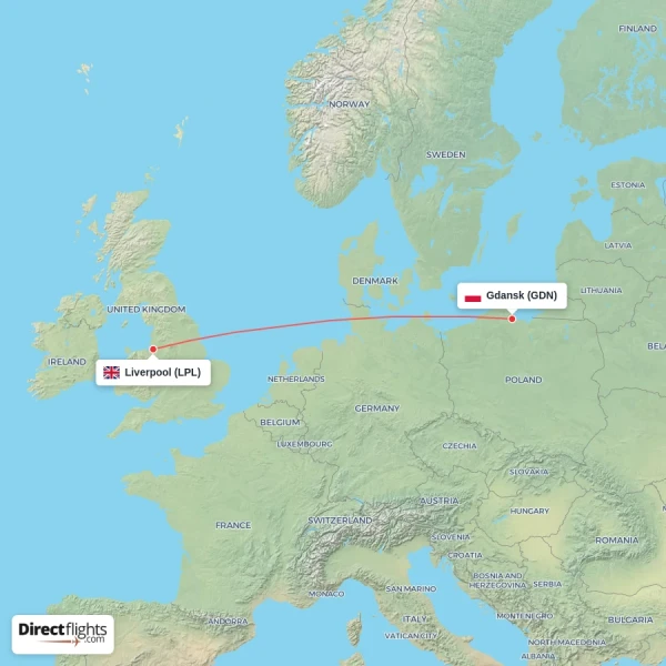 Gdansk - Liverpool direct flight map