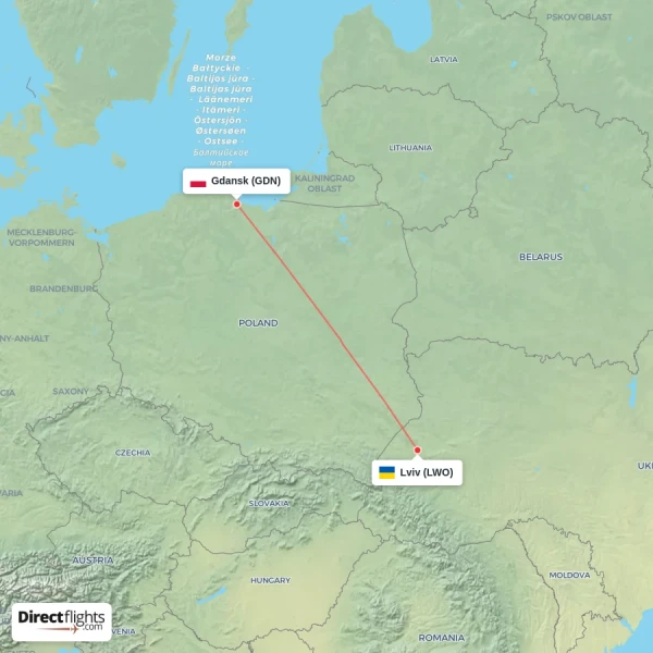 Gdansk - Lviv direct flight map