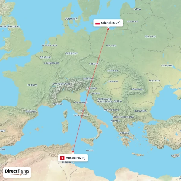 Gdansk - Monastir direct flight map