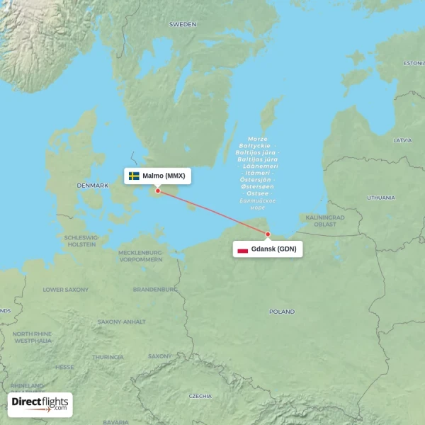Gdansk - Malmo direct flight map