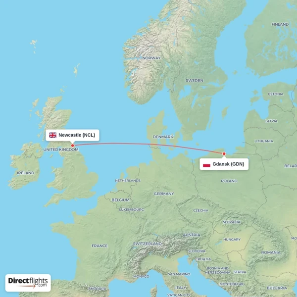 Gdansk - Newcastle direct flight map