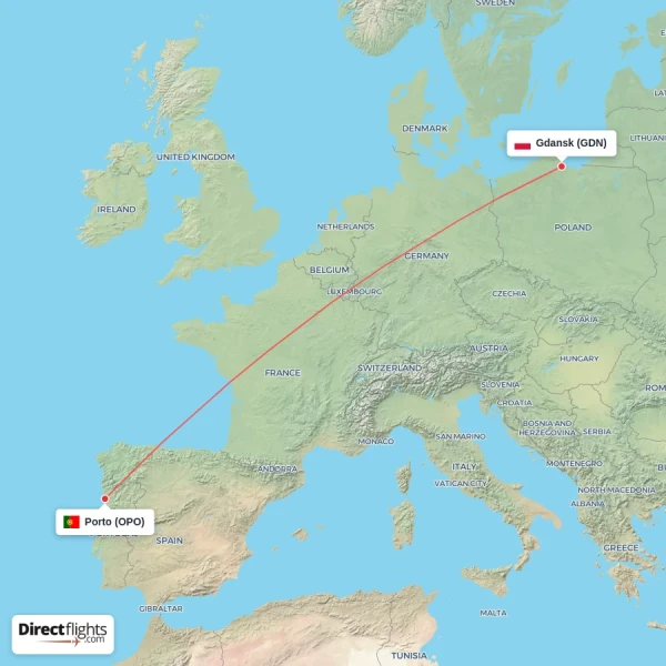 Gdansk - Porto direct flight map