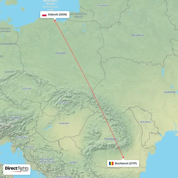 Gdansk - Bucharest direct flight map