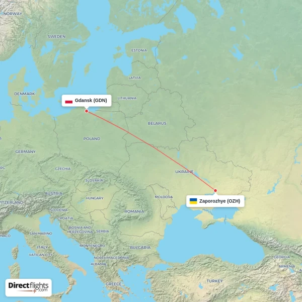 Gdansk - Zaporozhye direct flight map