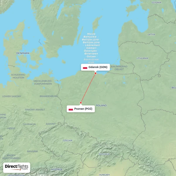 Gdansk - Poznan direct flight map