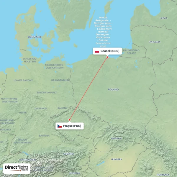 Gdansk - Prague direct flight map
