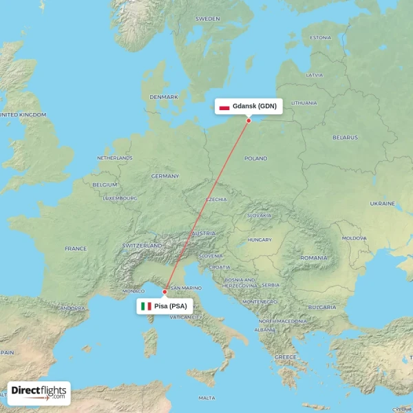 Gdansk - Pisa direct flight map