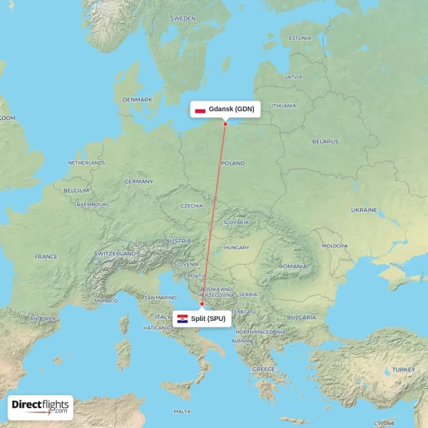 Gdansk - Split direct flight map