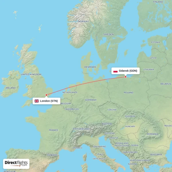 Gdansk - London direct flight map