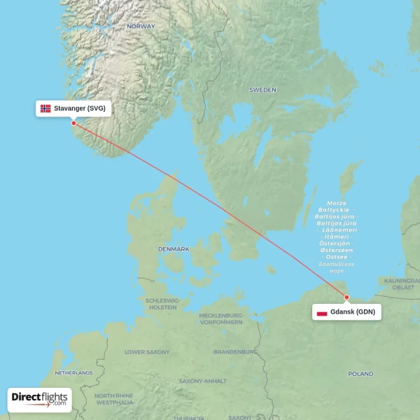 Gdansk - Stavanger direct flight map