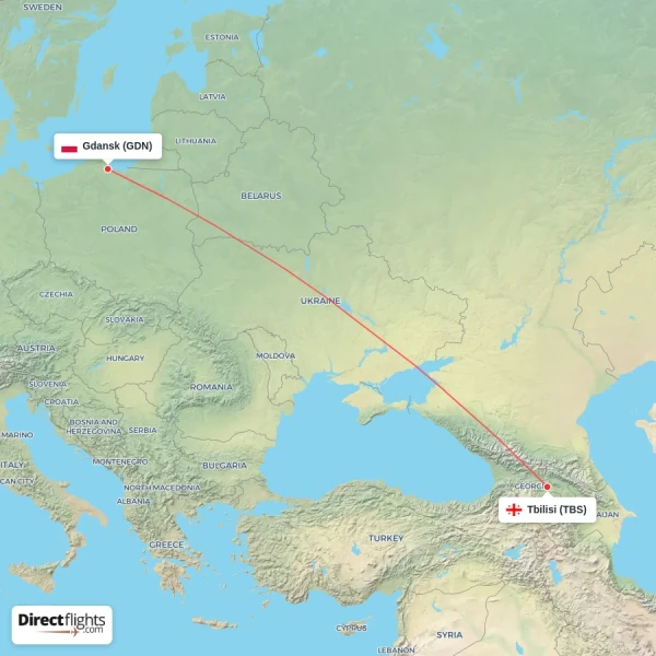 Gdansk - Tbilisi direct flight map