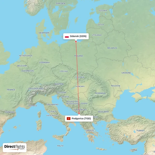 Gdansk - Podgorica direct flight map