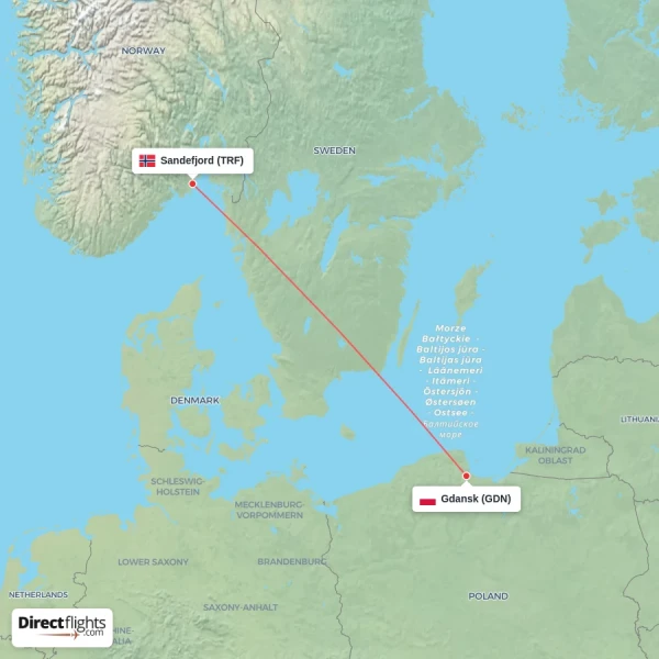 Gdansk - Sandefjord direct flight map