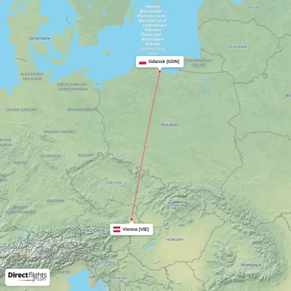 Gdansk - Vienna direct flight map