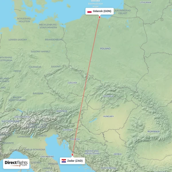 Gdansk - Zadar direct flight map