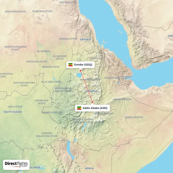 Gondar - Addis Ababa direct flight map