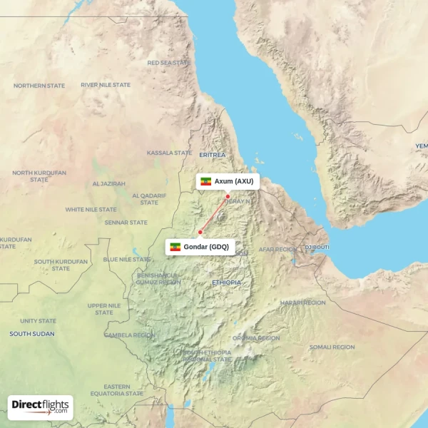 Gondar - Axum direct flight map