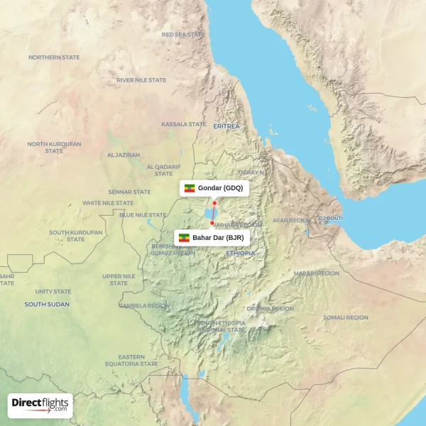 Gondar - Bahar Dar direct flight map