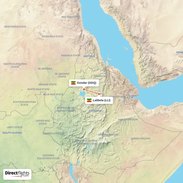 Gondar - Lalibela direct flight map