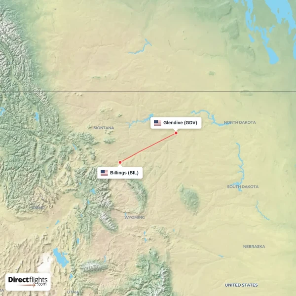 Glendive - Billings direct flight map