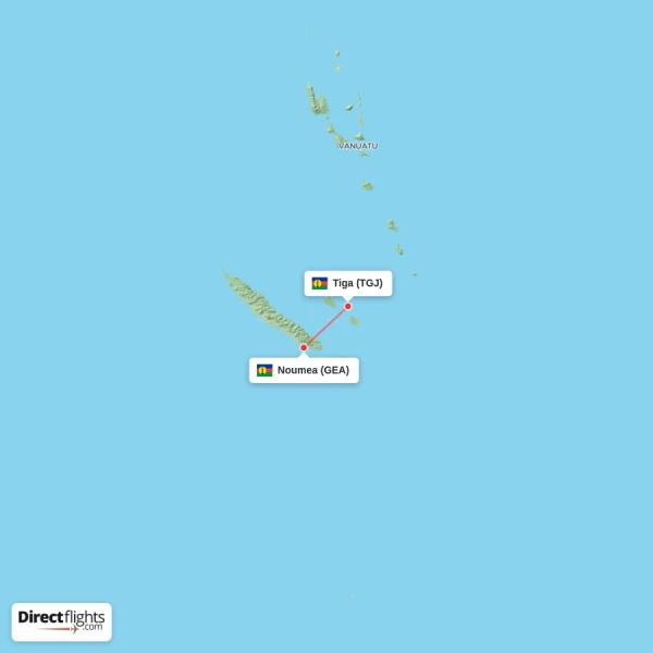 Noumea - Tiga direct flight map