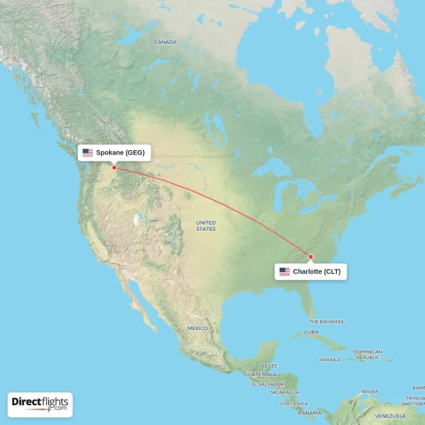 Spokane - Charlotte direct flight map