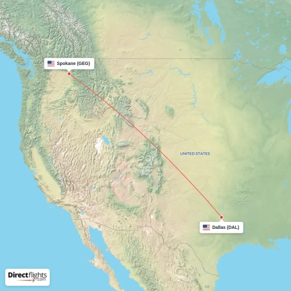 Spokane - Dallas direct flight map