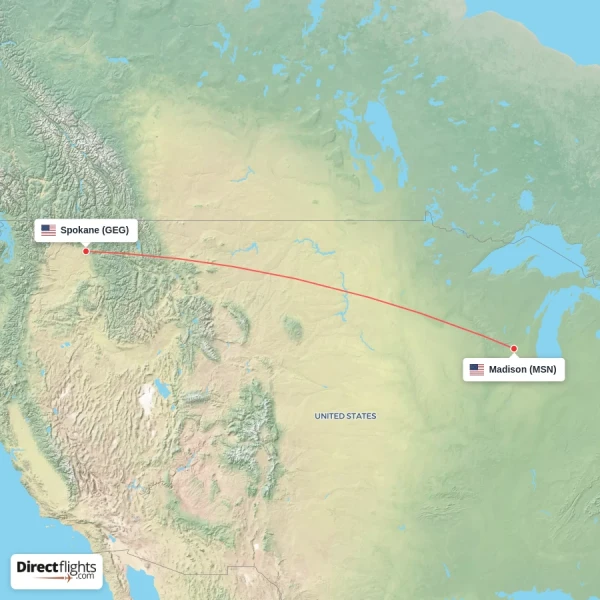 Spokane - Madison direct flight map