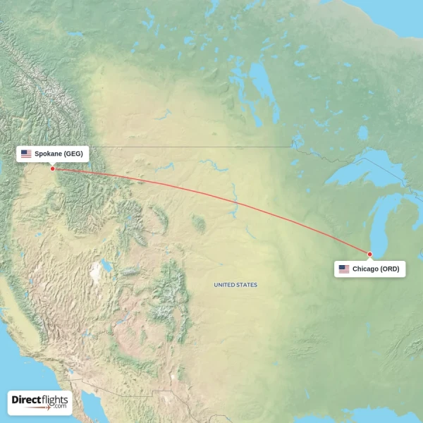 Spokane - Chicago direct flight map
