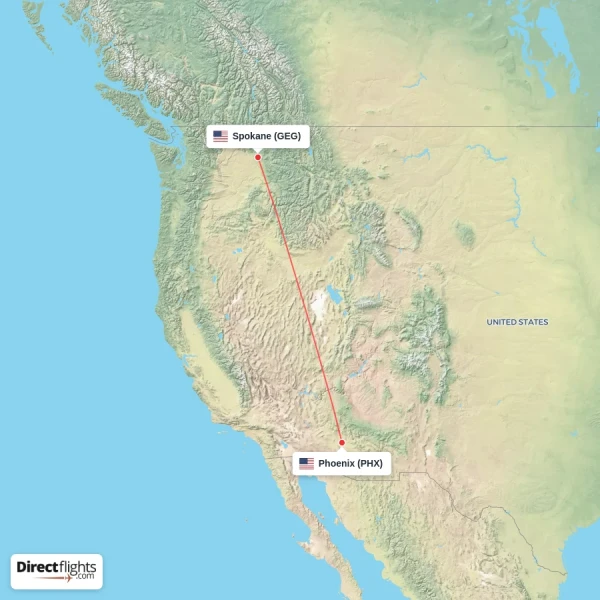 Spokane - Phoenix direct flight map
