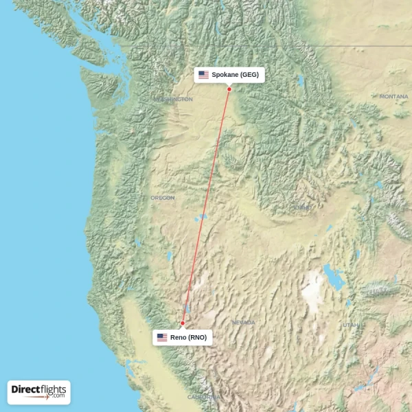 Spokane - Reno direct flight map