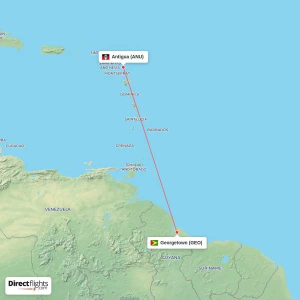 Georgetown - Antigua direct flight map