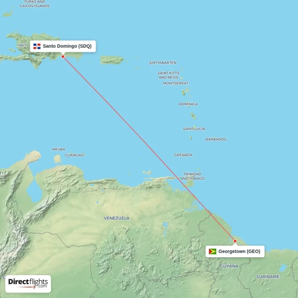 Georgetown - Santo Domingo direct flight map