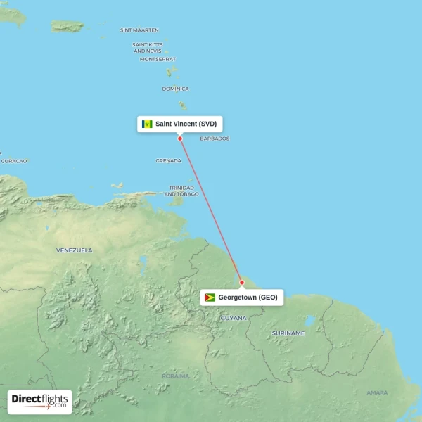 Georgetown - Saint Vincent direct flight map