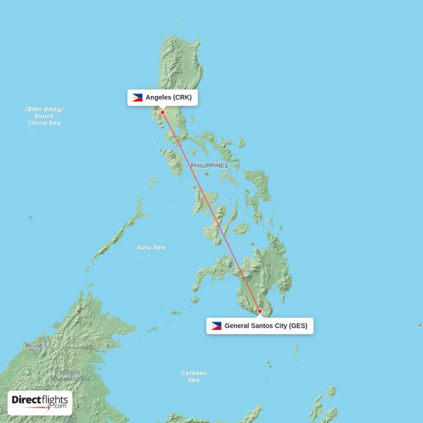 General Santos City - Angeles direct flight map