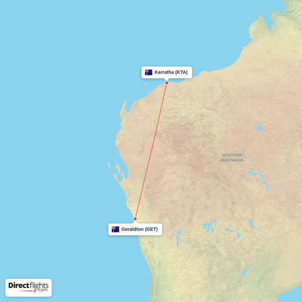 Geraldton - Karratha direct flight map