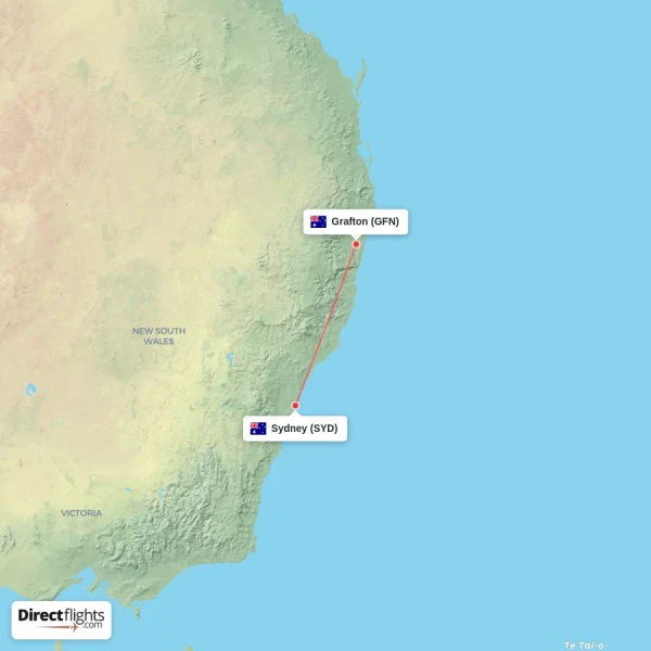 Grafton - Sydney direct flight map