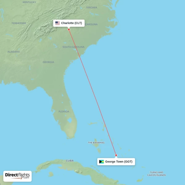 George Town - Charlotte direct flight map