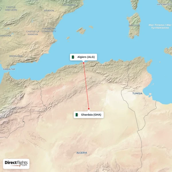 Ghardaia - Algiers direct flight map