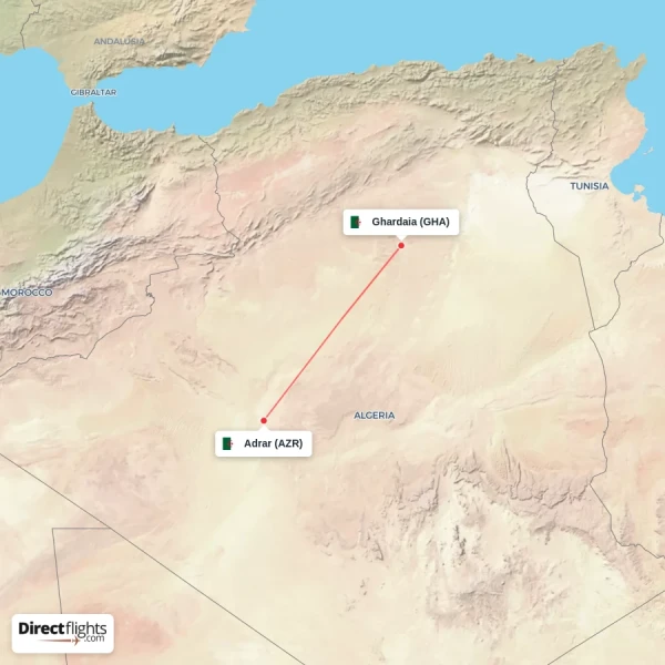 Ghardaia - Adrar direct flight map