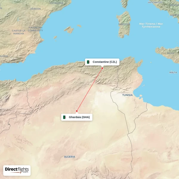 Ghardaia - Constantine direct flight map