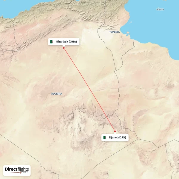 Ghardaia - Djanet direct flight map