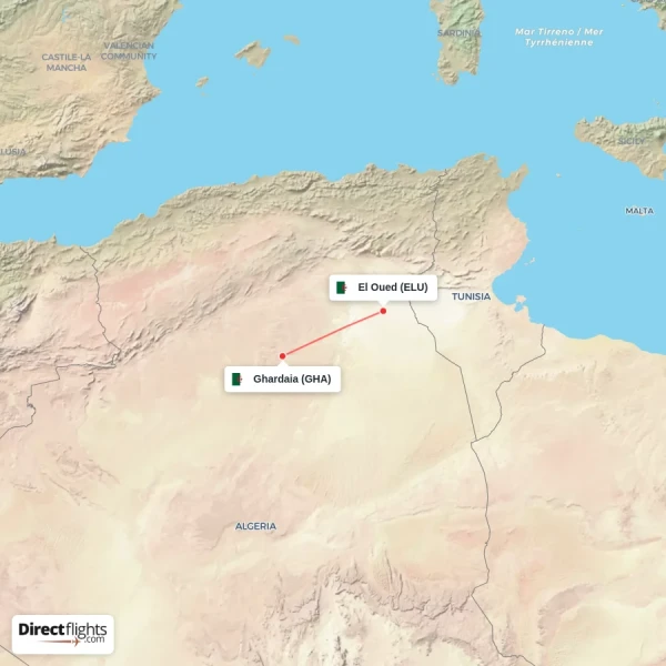 Ghardaia - El Oued direct flight map