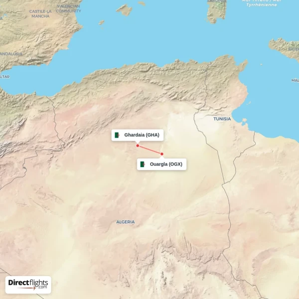 Ghardaia - Ouargla direct flight map